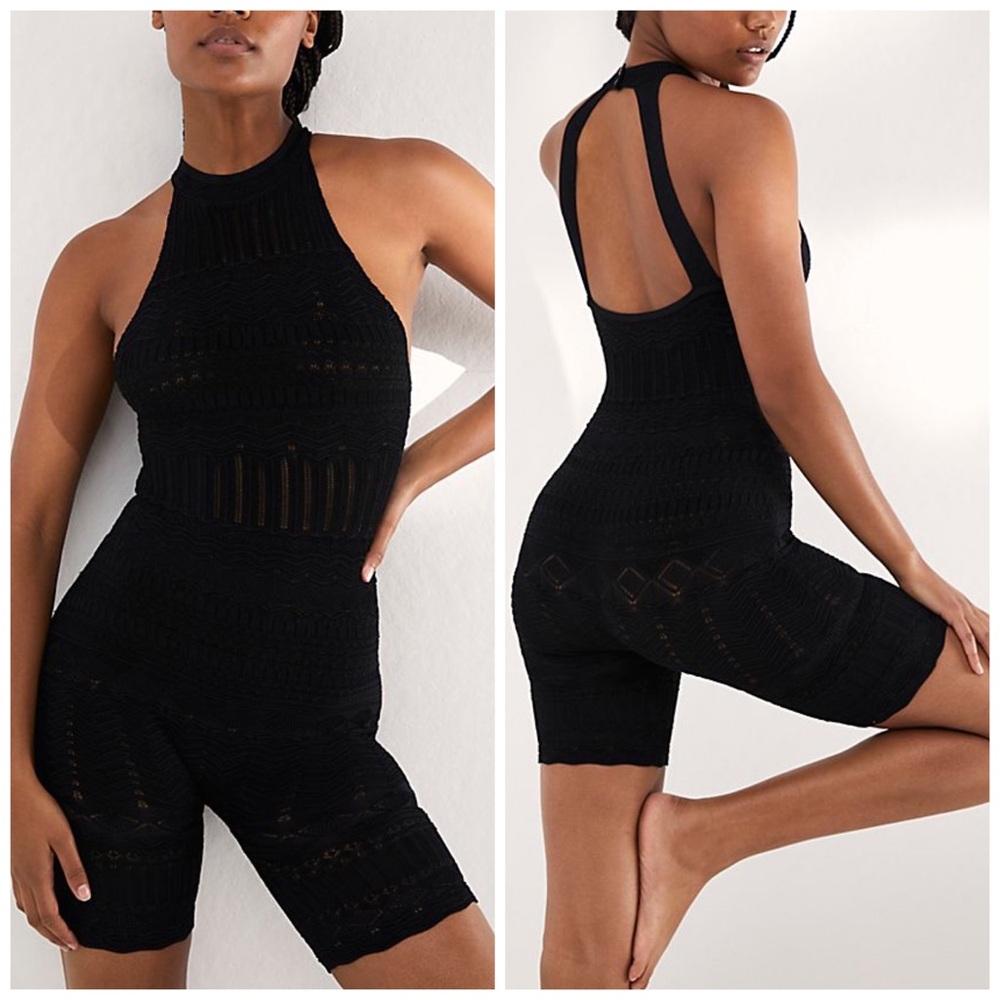 Free People NWOT Intimately Isla Black Knit Halter Romper M
